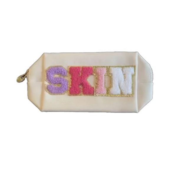 Cream “Skin” Cosmetic Makeup Bag, Patch Chenille Letter. Multi-colored - Picture 2 of 5
